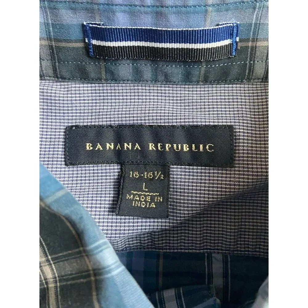 Banana Republic Mens Button Up Long Sleeve Shirts Blue Check - Set Of 2‎ - Large